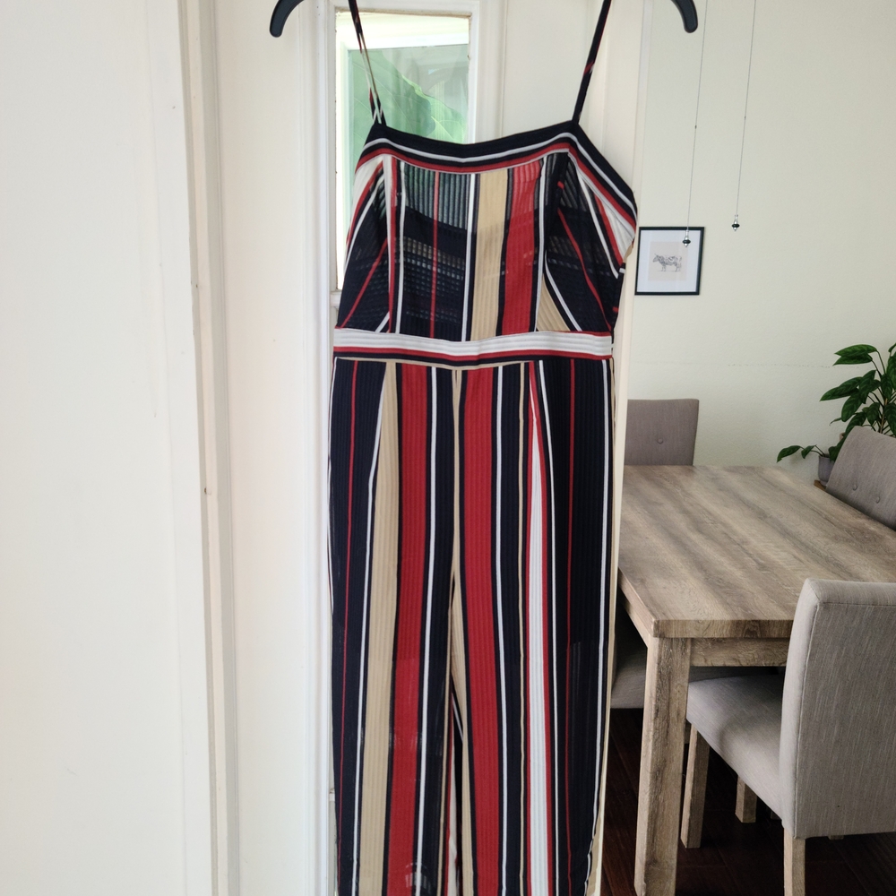 Forever 21 Striped Spaghetti-Strap Jumpsuit in Navy, Red & Cream